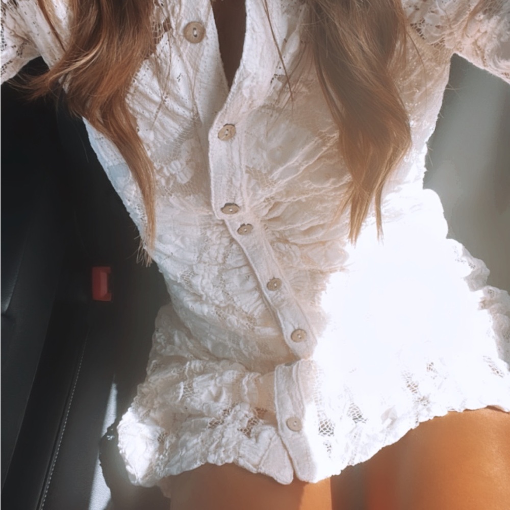 Free People Cream Lace Button-Front Dress with Red Lining - Picture 2 of 5